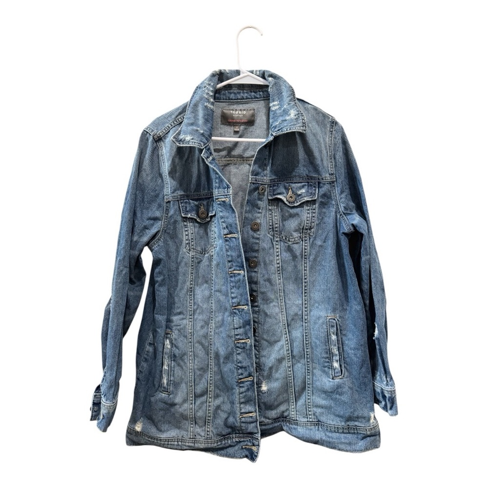 Torrid distressed long denim jacket